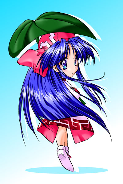 artist_request bangs blue_background blue_eyes blush bow dress eyebrows_visible_through_hair full_body gradient gradient_background hair_bow holding holding_umbrella leaf_umbrella long_hair long_sleeves looking_at_viewer looking_back nakoruru no_shoes parted_bangs pink_bow samurai_spirits shoes solo tareme umbrella very_long_hair white_dress white_footwear