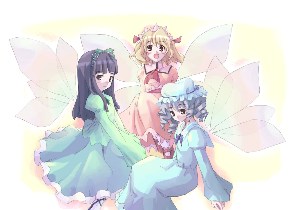 arm_support bangs blonde_hair blunt_bangs bow brown_hair dress drill_hair fairy fairy_wings hair_ornament hands_together hat head_tilt light_smile long_hair long_sleeves looking_at_viewer luna_child mary_janes multiple_girls ribbon shoes short_hair skirt star_sapphire sunny_milk takanashi_akihito touhou wings