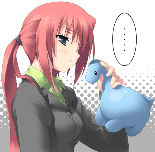air holding kamio_haruko kantoku long_hair long_sleeves parted_lips pink_hair pony red_hair solo stuffed_toy upper_body