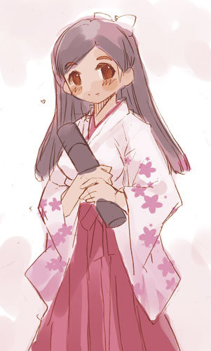 bangs blush bow brown_eyes brown_hair copyright_request cowboy_shot diploma floral_print hair_bow hakama holding japanese_clothes kimono long_hair long_sleeves looking_at_viewer lowres meiji_schoolgirl_uniform momiji_mao parted_bangs red_hakama sketch smile solo tube wide_sleeves