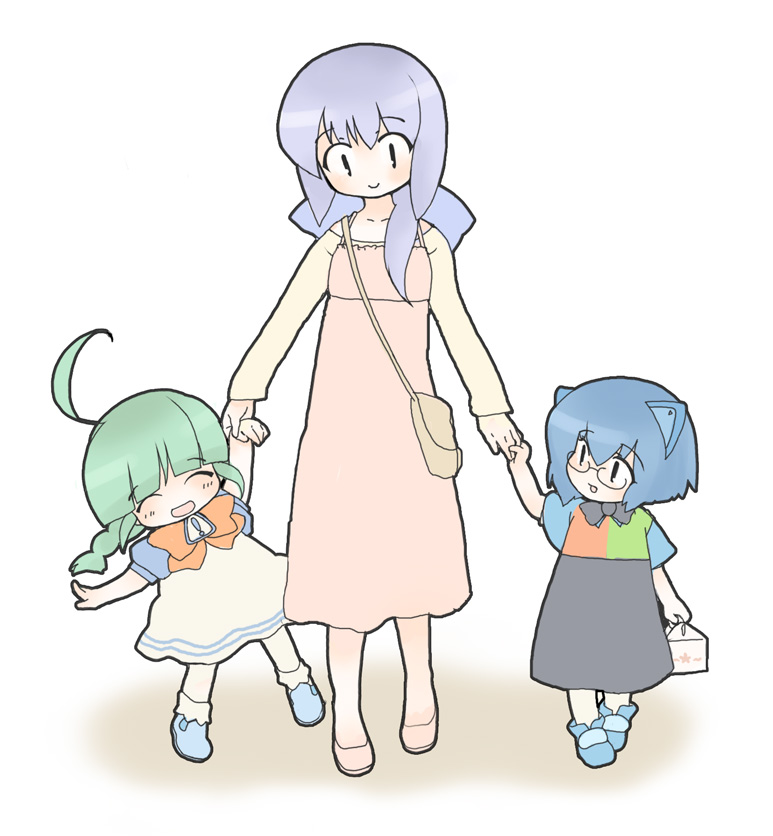 3girls :d ^_^ ahoge artist_request bag blue_eyes blue_hair bow bowtie child closed_eyes collarbone dress full_body glasses green_hair handbag holding_hands long_sleeves mama-t me-tan multiple_girls open_mouth os-tan purple_hair red_bow short_hair sign simple_background smile standing walking warning_sign white_background