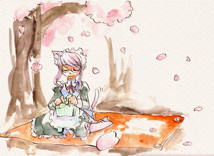 animal_ears cat_ears cat_tail cherry_blossoms closed_eyes frills glasses hanami kazuha_(pinktips.info) long_hair long_sleeves maid maid_headdress obentou original pink_hair puffy_sleeves sitting solo tail thighhighs tree