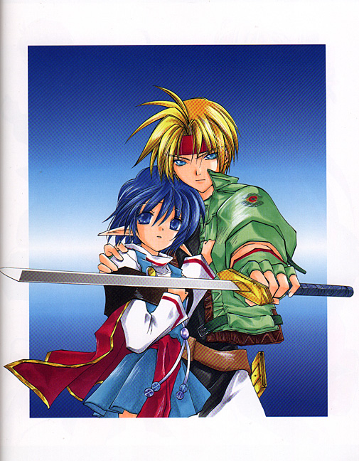 1girl 90s azuma_mayumi blue_eyes blue_hair cape claude_kenni crease katana long_sleeves pointy_ears protecting red_cape rena_lanford star_ocean star_ocean_ex star_ocean_the_second_story sword weapon