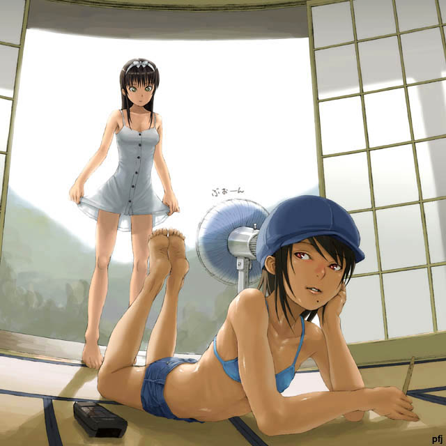 bangs bare_shoulders barefoot bikini bikini_top black_hair blue_bikini bow breasts buttons cabbie_hat chin_rest collarbone controller copyright_request day denim denim_shorts dress dress_lift electric_fan fanning_self feet flat_chest full_body green_eyes hair_bow hairband hat holding indoors lifted_by_self long_hair lying mole mole_under_mouth mountain multiple_girls no_shirt on_floor on_stomach open_door parted_lips porch red_eyes remote_control see-through see-through_silhouette shiny shiny_skin short_dress short_hair short_shorts shorts shouji sky sliding_doors small_breasts soles standing summer sundress sweat swimsuit tan tatami tree white_dress yoneda_taishou