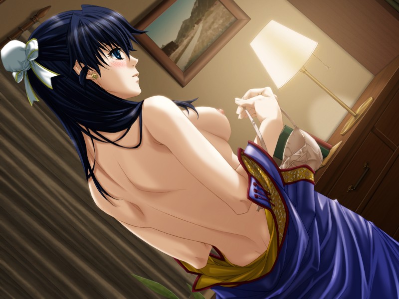 baby_be back bangs blue_dress blue_eyes blue_hair blush bow bra bra_pull breasts bun_cover chest_of_drawers china_dress chinese_clothes cowboy_shot curtains dimples_of_venus dress dress_pull dutch_angle earrings from_side game_cg hair_over_shoulder indoors izumi_youko jewelry lamp long_hair long_sleeves looking_afar medium_breasts nipples parted_lips picture_(object) picture_frame plant profile rin_kyoutarou solo standing topless underwear undressing white_bra