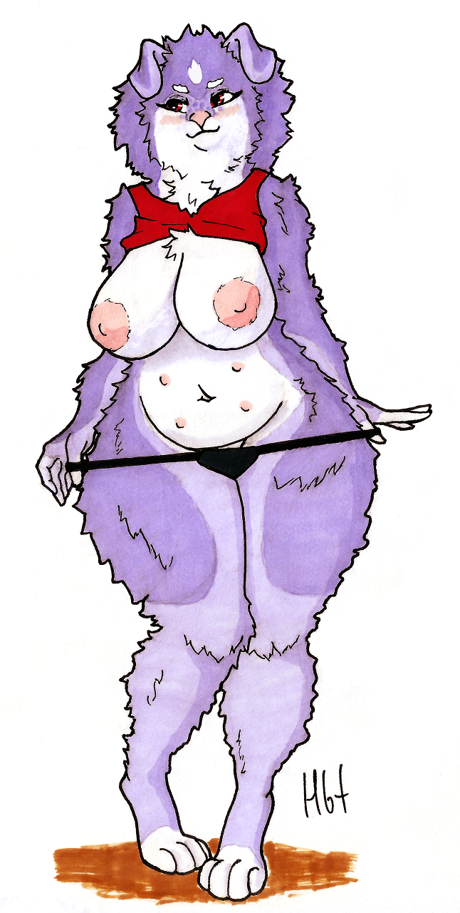 2019 5_fingers anthro bare_shoulders belly big_breasts big_thighs biped blush breasts canid canine canis chest_tuft clothed clothing curvaceous domestic_dog eyebrows eyelashes female full-length_portrait fur haibet huge_breasts mammal multicolored_fur nipples nude partially_clothed portrait simple_background smile solo standing thick_thighs traditional_media_(artwork) tuft voluptuous white_fur wide_hips