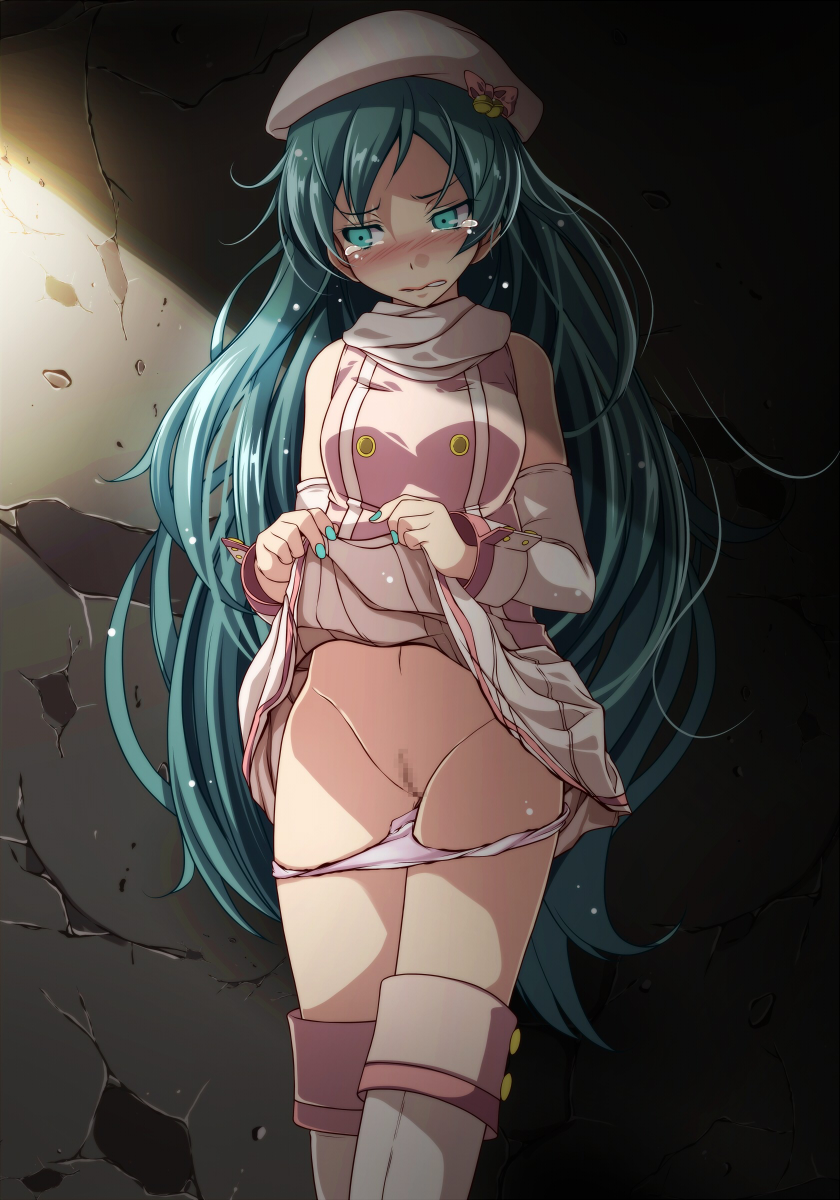1girl aqua_eyes aqua_hair aqua_nails bare_shoulders bell beret blush bow breasts cameltoe censored cracked_wall crying crying_with_eyes_open detached_sleeves double-breasted eyebrows_visible_through_hair eyes_closed female frilled_panties frills frown gluteal_fold hair_bell hair_ornament hat hatsune_miku jingle_bell lifted_by_self light_particles long_hair long_sleeves looking_away looking_down medium_breasts mosaic_censoring nail_polish navel nose_blush panties pink_bow pink_shirt project_diva_(series) pussy scarf shirt skirt skirt_lift solo standing sunlight tears thighhighs thighs tsukishiro_saika underwear upskirt v-shaped_eyebrows very_long_hair white_hat white_legwear white_scarf wrist_cuffs