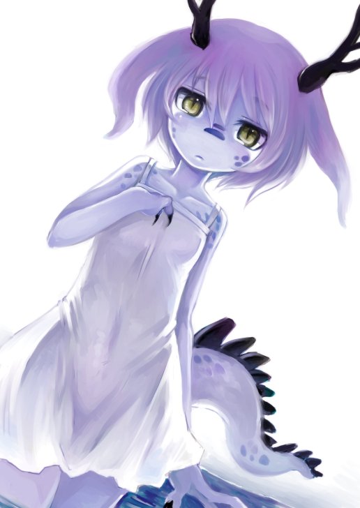 1girl antlers dress female lavender_hair monster_girl original ruu_bot see-through simple_background slit_pupils solo tail white_background yellow_eyes