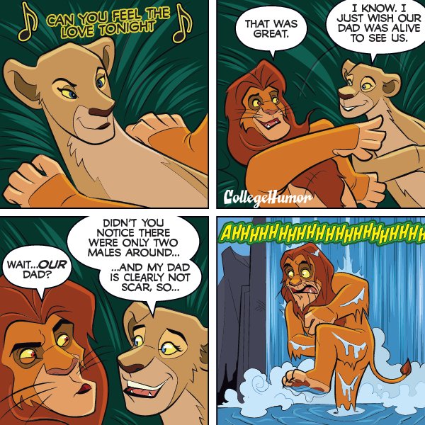 ... anthro anthrofied collegehumor comic disney duo english_text felid female humor implied_incest lion lying male mammal musical_note nala nude on_back pantherine simba smile teeth text the_lion_king water waterfall wet whiskers yellow_sclera