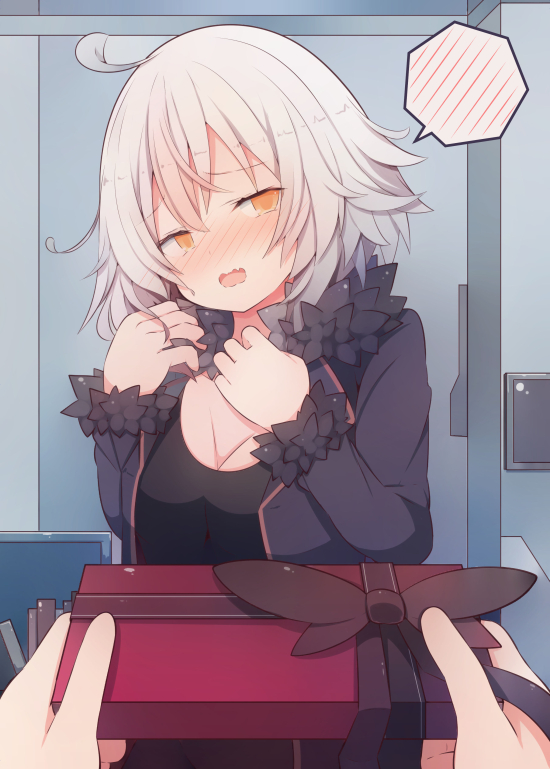 1girl bangs beni_shake black_dress black_jacket blush box breasts cleavage commentary_request dress eyebrows_visible_through_hair fate/grand_order fate_(series) fur-trimmed_jacket fur-trimmed_sleeves fur_trim gift gift_box hair_between_eyes hands_up head_tilt holding holding_gift indoors jacket jeanne_d'arc_(alter)_(fate) jeanne_d'arc_(fate)_(all) long_sleeves medium_breasts nose_blush open_clothes open_jacket open_mouth orange_eyes silver_hair solo_focus spoken_blush valentine wavy_mouth wicked_dragon_witch_ver._shinjuku_1999