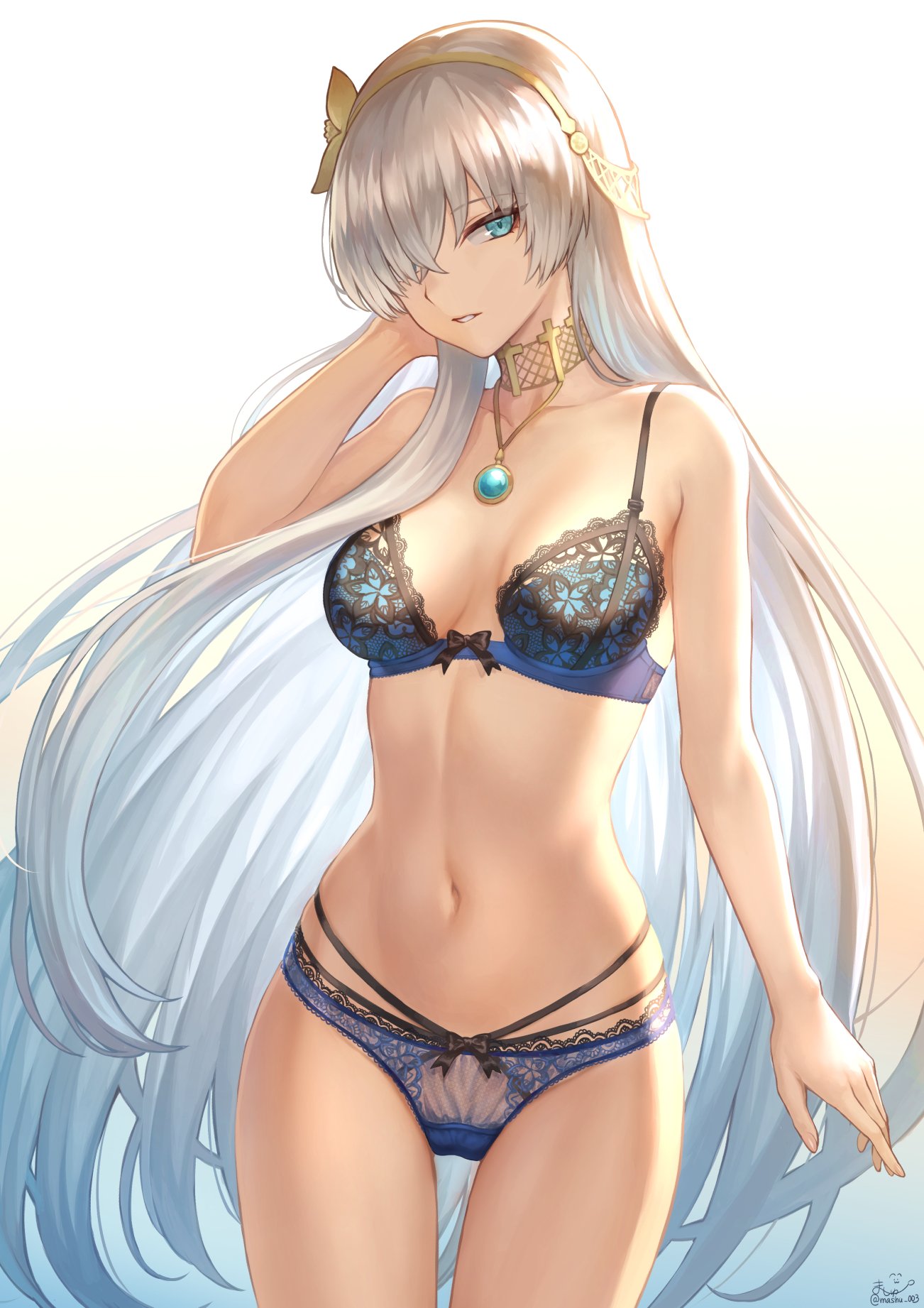 1girl anastasia_(fate/grand_order) arm_at_side bangs bare_shoulders blue_eyes blush bra breasts choker collarbone commentary contrapposto cowboy_shot eyebrows_visible_through_hair fate/grand_order fate_(series) gradient gradient_background groin hair_between_eyes hair_over_one_eye hairband hand_on_own_face highres lingerie long_hair looking_at_viewer mashu_003 medium_breasts multi-strapped_panties navel panties parted_lips ribbon-trimmed_bra ribbon-trimmed_panties signature silver_hair skindentation smile solo stomach thighs topaz_(gemstone) twitter_username underwear very_long_hair