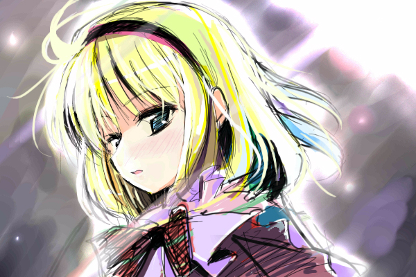alice_margatroid artist_request backlighting bangs black_hairband blonde_hair blue_eyes blurry blurry_background blush bow bowtie expressionless eyebrows_visible_through_hair hairband half-closed_eyes light light_particles light_rays looking_at_viewer looking_to_the_side parted_lips portrait red_bow red_neckwear short_hair solo touhou