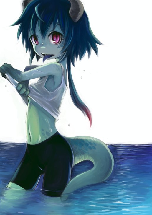 1girl bike_shorts blue_hair female horns monster_girl multicolored_hair original partially_submerged pink_eyes ruu_bot short_hair solo tongue tongue_out water wet