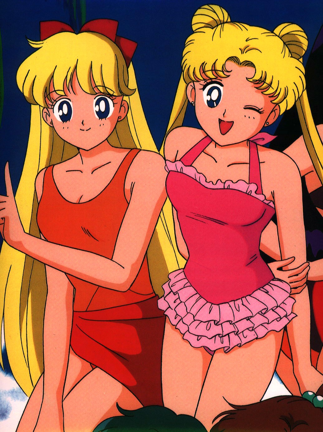 90s aino_minako arms_behind_back artist_request bishoujo_senshi_sailor_moon blonde_hair blue_eyes bow breasts casual_one-piece_swimsuit cleavage double_bun frilled_swimsuit frills hair_bow halterneck highres long_hair medium_breasts multiple_girls official_art one-piece_swimsuit one_eye_closed pointing red_bow red_sarong sarong scan smile swimsuit tsukino_usagi twintails very_long_hair