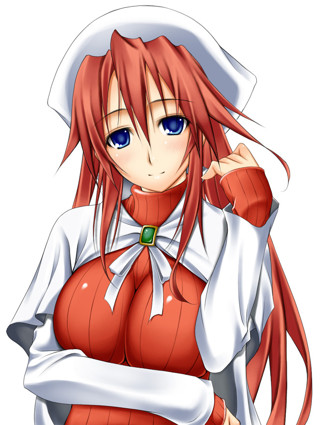 aty_(summon_night) beret big_wednesday blue_eyes blush breasts brooch cape hair_between_eyes hat jewelry large_breasts long_sleeves looking_at_viewer red_hair simple_background sleeves_past_wrists solo striped summon_night summon_night_3 sweater turtleneck upper_body vertical_stripes white_background