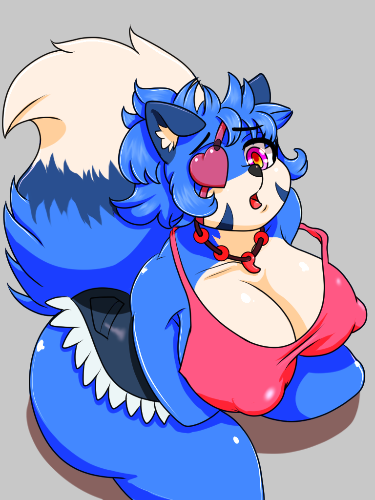 arms_holding_breasts arms_under_breasts big_breasts blue_fur blue_hair booty_shorts breasts canid canine clothing cutoffs denim_shorts eye_patch eyebrows_through_hair eyewear facial_markings female fox fur hair heart_shaped jewelry kneeling lazuli_(doggod.va) looking_at_viewer looking_up magatama mammal markings multicolored_eyes multicolored_fur necklace open_mouth ryujisama shirt shorts tank_top