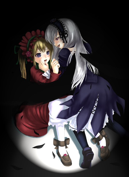 ankle_ribbon between_legs black_wings blonde_hair bonnet chiko_(kanhogo) darkness dress feathers full_body hairband hand_on_another's_face long_sleeves multiple_girls pantyhose red_dress ribbon rozen_maiden shinku shoes silver_hair sitting suigintou wings you_gonna_get_raped yuri