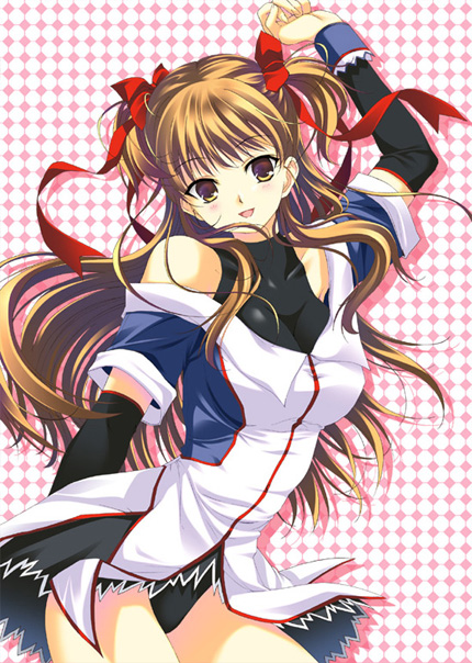 arm_behind_back arm_up ayakaze_ryuushou bangs bare_shoulders black_leotard blush breasts brown_eyes brown_hair clenched_hand collarbone covered_collarbone dress drop_shadow eyebrows_visible_through_hair from_side hair_ribbon halterneck happy head_tilt leaning_forward leotard leotard_under_clothes long_hair looking_at_viewer medium_breasts multicolored multicolored_clothes off-shoulder_dress off_shoulder ogata_rina open_mouth pink_background polka_dot polka_dot_background red_ribbon ribbon shadow short_dress short_sleeves sidelocks sleeve_cuffs smile solo standing turtleneck two_side_up white_album white_background white_dress