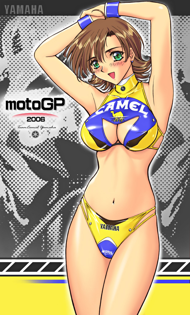 armpits arms_up bikini blush breasts brown_hair cleavage cleavage_cutout green_eyes large_breasts moto_gp original r1 race_queen short_hair solo swimsuit