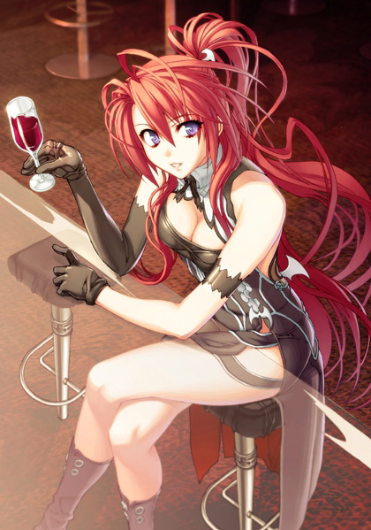 alcohol bar black_gloves blue_eyes boots breasts cleavage crossed_legs gloves ignis jingai_makyou legs long_hair medium_breasts nishii_(nitroplus) ponytail red_hair sitting solo wine