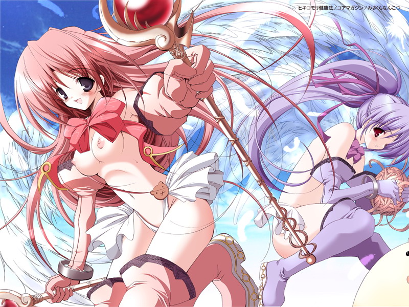 boots breasts copyright_request gloves long_hair magical_girl medium_breasts misakura_nankotsu multiple_girls navel nipples pink_footwear ponytail purple_footwear staff thigh_boots thighhighs topless wand wings