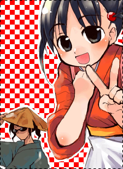 1girl :d black_eyes black_hair blush checkered checkered_background clenched_hand hand_on_headwear harima_kenji hat japanese_clothes kimono looking_at_viewer misaki_kozue no_mouth open_mouth outline rice_hat school_rumble short_twintails smile sunglasses tareme tsukamoto_tenma twintails v