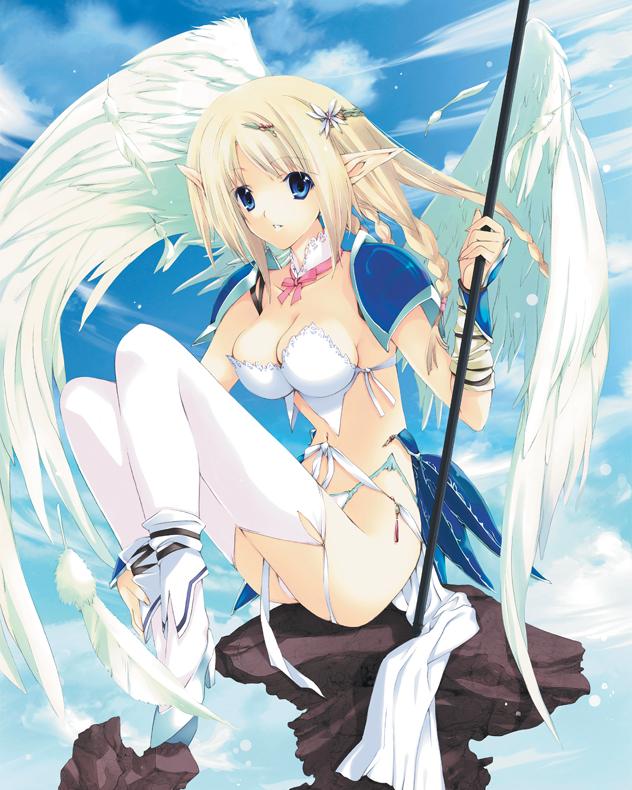 armor bikini blonde_hair blue_eyes braid copyright_request crown day duplicate elf hat iizuki_tasuku pointy_ears sitting solo swimsuit thighhighs white_legwear wings