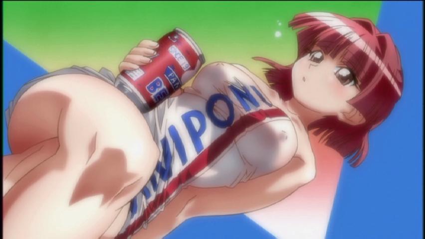 alcohol beer breasts budweiser covered_nipples crossed_legs drunk dutch_angle igarashi_miyuki large_breasts pani_poni_dash! race_queen red_hair screencap short_hair sitting solo