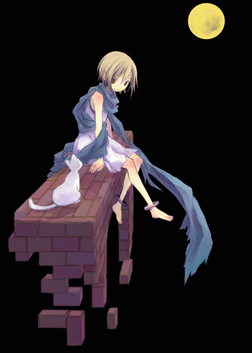 animal anklet arm_support asami_(artist) barefoot black_background brick_wall cat full_moon jewelry moon original scarf smile solo