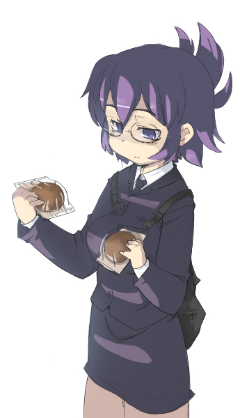 bread breasts closed_mouth expressionless food formal glasses large_breasts long_sleeves looking_down mamo_williams necktie original pencil_skirt purple_hair short_hair simple_background skirt skirt_suit solo suit uniform