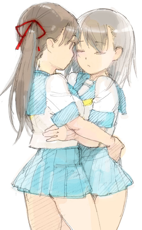 brown_eyes brown_hair closed_eyes copyright_request hair_ribbon hug kage_yuu multiple_girls ribbon school_uniform sketch skirt yuri