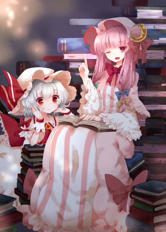 :/ ;o bat_wings book book_focus book_stack capelet chin_rest crescent_moon hat index_finger_raised kodamari long_hair moon multiple_girls one_eye_closed patchouli_knowledge pink_eyes pink_hair red_eyes remilia_scarlet robe short_hair silver_hair striped too_many too_many_books touhou vertical_stripes wide-eyed wings wrist_cuffs