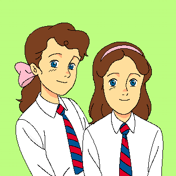 90s brown_hair hair_ribbon hairband isabelle_o'sullivan japoor lowres multiple_girls necktie oekaki patricia_o'sullivan ponytail ribbon siblings simple_background sisters smile the_twins_of_st._clare's twins