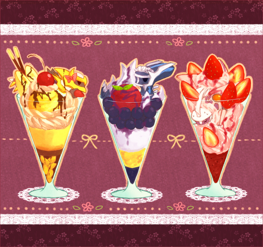 bad_pixiv_id dialga food gen_4_pokemon giratina glass ice_cream kabocha_torute legendary_pokemon letterboxed looking_at_viewer no_humans palkia parfait pokemon pokemon_(creature) sundae