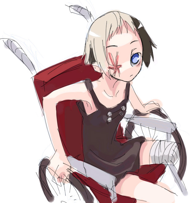 amputee bandages bikko dress flat_chest multicolored_hair one-eyed original scar scar_across_eye short_dress solo two-tone_hair wheelchair yoshida_on