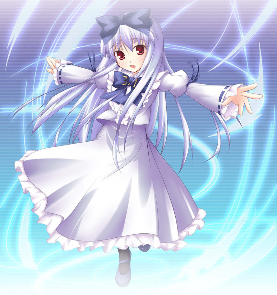 3.1-tan blue_bow bow full_body long_hair long_sleeves looking_at_viewer mary_janes os-tan outstretched_arms red_eyes shimakaze shoes silver_hair simple_background solo spread_arms very_long_hair