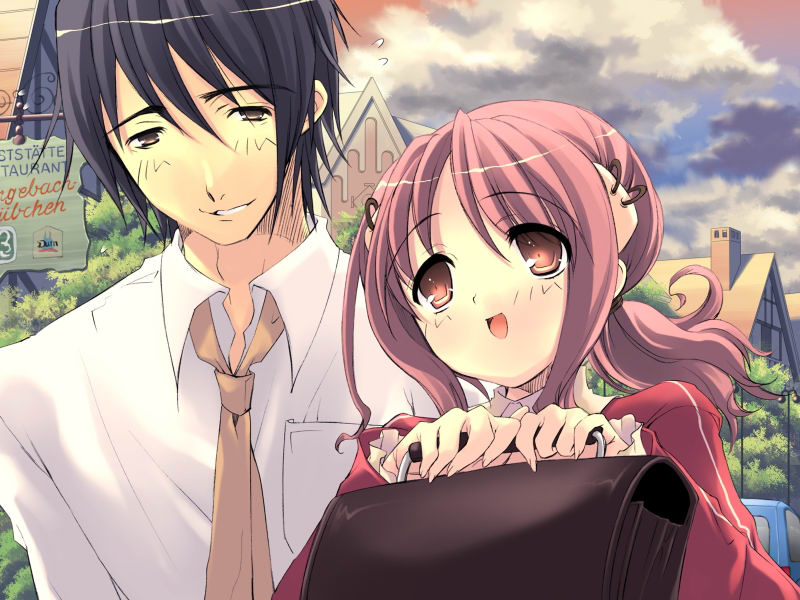 1girl :d bag black_hair blush brown_eyes close-up cloud cloudy_sky collared_shirt day flying_sweatdrops game_cg holding itou_noiji long_sleeves necktie open_mouth outdoors parted_lips peace@pieces pink_eyes pink_hair plant school_bag shirt sign sky smile sweatdrop takanashi_homare teeth tree upper_body white_shirt
