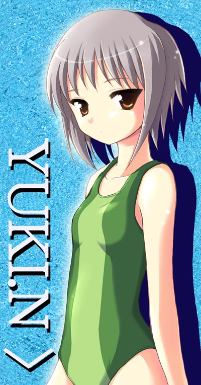 bangs breasts casual_one-piece_swimsuit competition_swimsuit grey_hair nagato_yuki one-piece_swimsuit orange_eyes shadow short_hair small_breasts solo suzumiya_haruhi_no_yuuutsu swimsuit tilm
