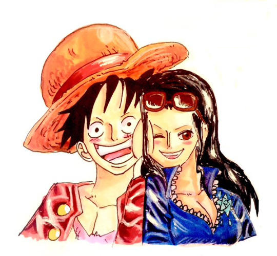 1boy 1girl age_difference black_hair hat height_difference holding huh long_hair monkey_d_luffy navel nico_robin one_piece short_hair skirt smile straw_hat sunglasses sunglasses_on_head