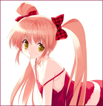 bangs bare_shoulders bent_over blush border bow breasts camisole collarbone eyebrows_visible_through_hair hair_bow lingerie long_hair looking_at_viewer lowres orange_hair original plaid plaid_bow red_border red_bow red_hair sidelocks simple_background small_breasts solo strap_gap strap_slip twintails ueda_ryou underwear upper_body very_long_hair white_background yellow_eyes