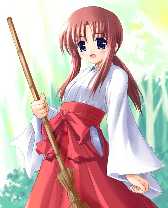 hakama japanese_clothes long_sleeves miko miyashiro_karin red_hair red_hakama solo suigetsu torishimo