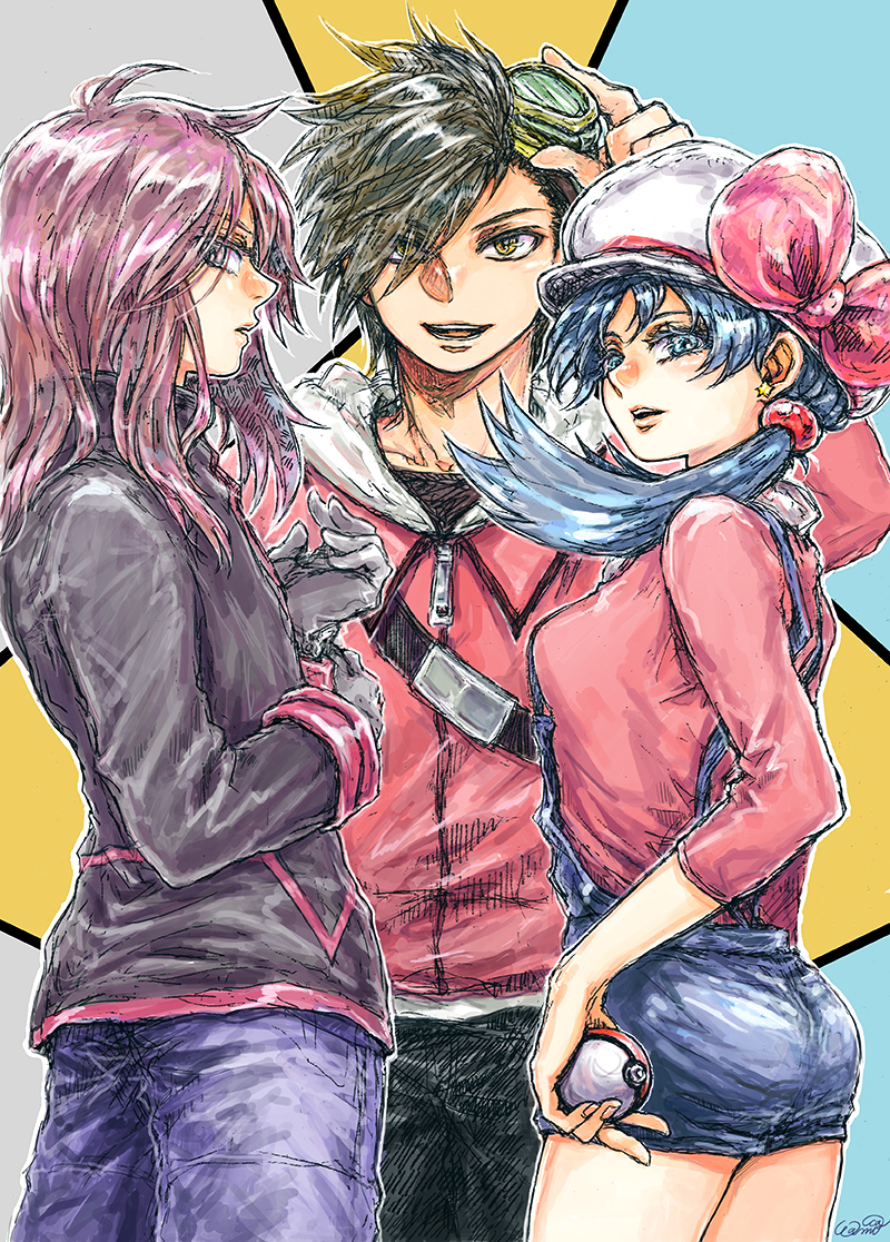 1girl 2boys blue_shorts breasts cowboy_shot creatures_(company) crystal_(pokemon) earrings eyelashes game_freak gold_(pokemon) hat hat_ribbon jewelry lips long_sleeves looking_at_viewer medium_hair multicolored multicolored_background multiple_boys nintendo pokemon pokemon_special ribbon short_shorts shorts signature silver_(pokemon) small_breasts standing star star_earrings twintails wam_occa white_hat