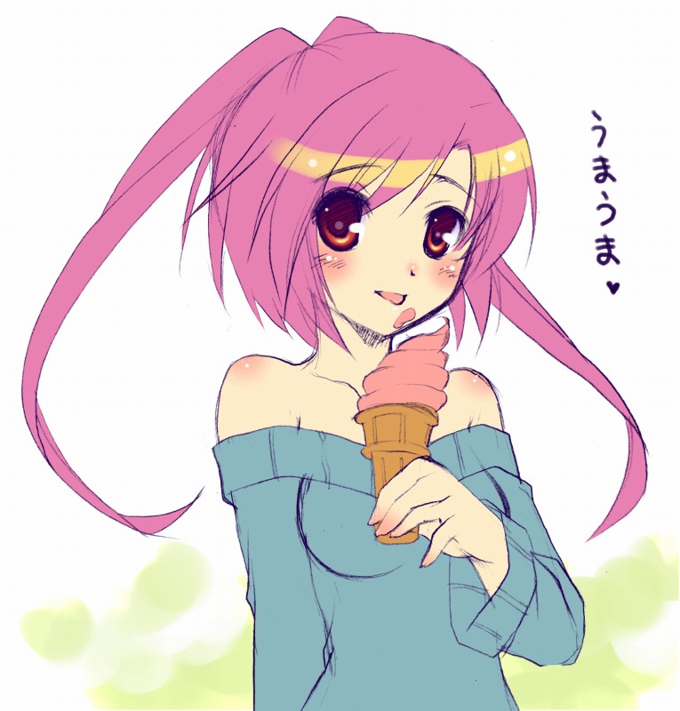 bare_shoulders blush food food_on_face heart ice_cream ice_cream_cone komi_zumiko licking long_hair long_sleeves off_shoulder original pink_hair red_hair soft_serve solo sweater