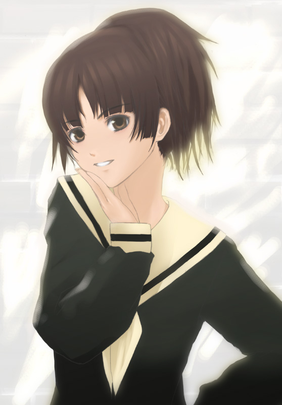 :d akitama alternate_hairstyle brown_eyes brown_hair green_shirt long_sleeves looking_at_viewer maria-sama_ga_miteru neckerchief open_mouth ponytail pose sailor_collar shimazu_yoshino shirt short_hair simple_background smile solo teeth upper_body white_background white_neckwear