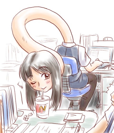 1girl ;) bangs black_hair black_legwear blue_skirt blue_vest book brown_eyes computer cup desk drink drinking drinking_glass drinking_straw formal long_hair long_neck mcdonald's monster_girl neck office_lady one_eye_closed original pantyhose papers pimmy rokurokubi short_sleeves sketch skirt skirt_suit smile solo_focus stretched_limb suit vest youkai