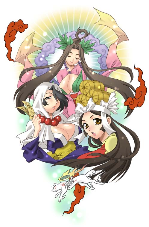 amaterasu black_hair breasts brown_hair cleavage closed_eyes earrings jewelry kushi large_breasts long_hair long_sleeves multiple_girls ookami_(game) sakuya_(ookami) short_hair tsuzurao yukiyanagi