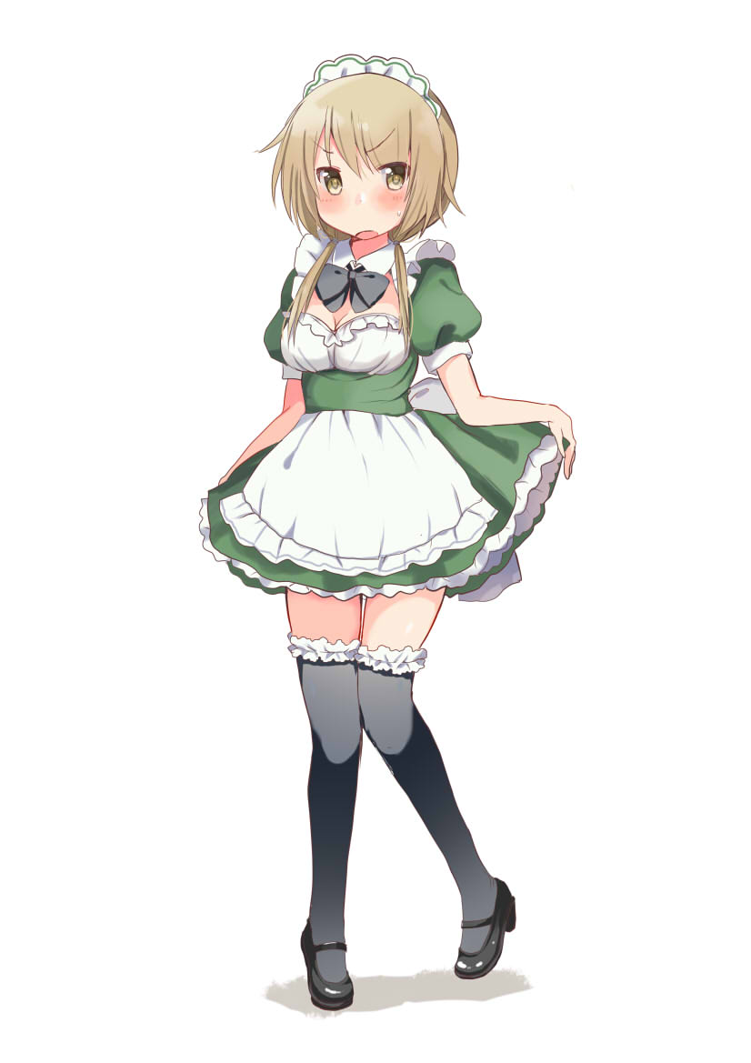 1girl ahoge alternate_costume apron black_legwear blonde_hair blush breasts cleavage embarrassed enmaided eyebrows_visible_through_hair frilled_apron frilled_legwear frills full_body high_heels ichii_yui looking_at_viewer low_twintails maid maid_apron maid_headdress mary_janes medium_breasts medium_hair open_mouth shoes short_twintails solo sweatdrop tatsunokosso thighhighs twintails yellow_eyes yuyushiki