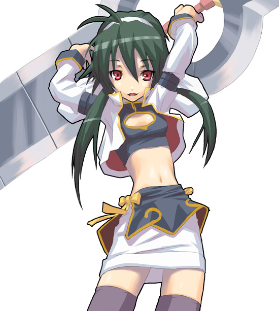 antenna_hair arms_up cleavage_cutout green_hair hairband long_hair long_sleeves midriff navel nilitsu pencil_skirt polaris_(shinrabanshou) red_eyes shinrabanshou shizuku_(shinrabanshou) skirt solo thighhighs zettai_ryouiki