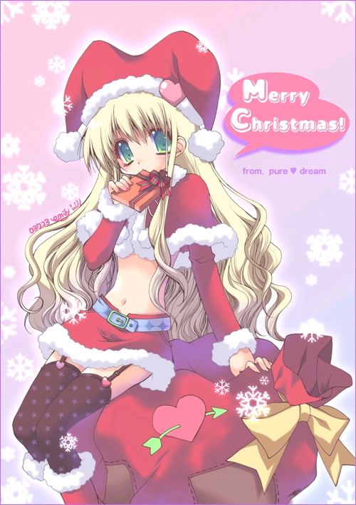 christmas copyright_request emily_(pure_dream) long_sleeves miniskirt santa_costume skirt solo thighhighs