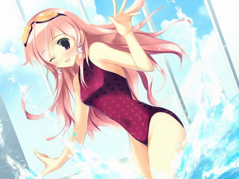 artist_request blush competition_swimsuit dutch_angle game_cg goggles hitomi_yomi leaning_forward one-piece_swimsuit one_eye_closed pink_hair red_eyes solo splashing sukumizu_2 swimsuit